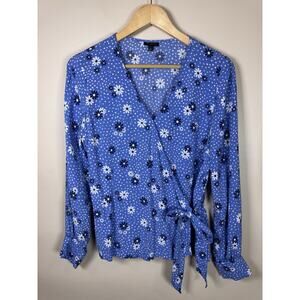 Talbots Womens Wrap Top Large Floral Blue Tie Waist V Neck Feminine Classic M